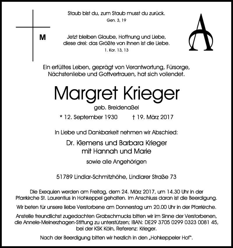  Traueranzeige für Margret Krieger vom 22.03.2017 aus Kölner Stadt-Anzeiger / Kölnische Rundschau / Express