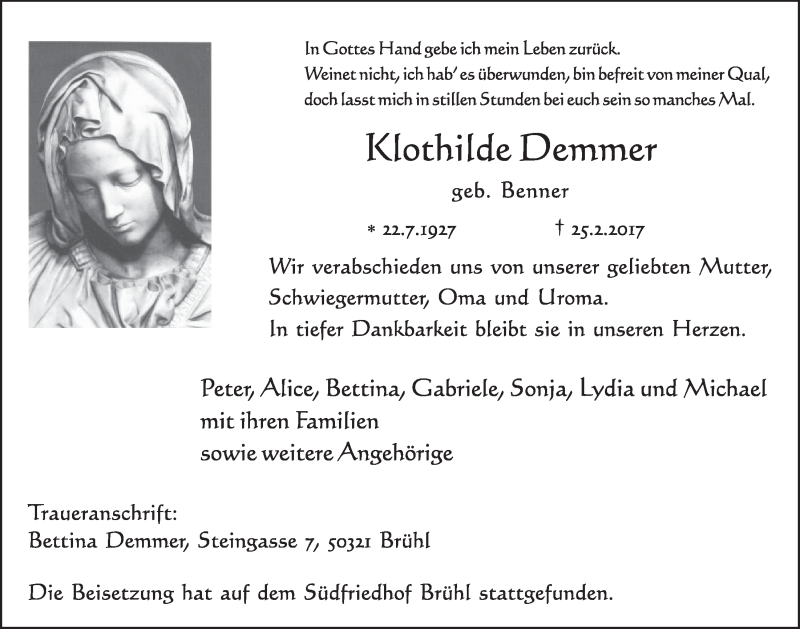  Traueranzeige für Klothilde Demmer vom 08.03.2017 aus  Schlossbote/Werbekurier 