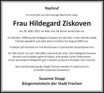 Anzeige von Hildegard Ziskoven von  Sonntags-Post 
