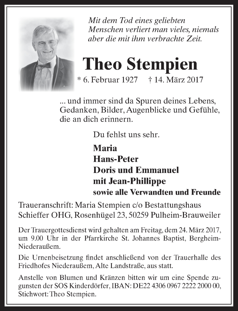  Traueranzeige für Theo Stempien vom 22.03.2017 aus  Werbepost 