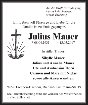 Anzeige von Julius Mauer von  Wochenende 