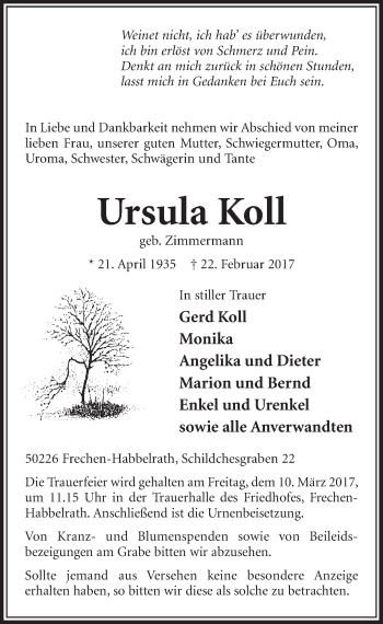 Anzeige von Ursula Koll von  Sonntags-Post 
