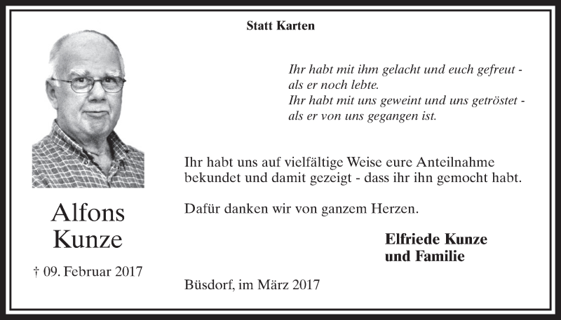  Traueranzeige für Alfons Kunze vom 11.03.2017 aus  Sonntags-Post 