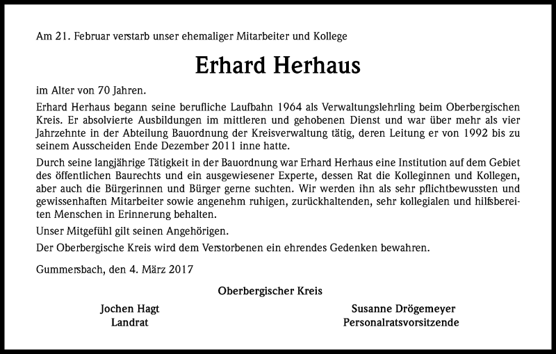  Traueranzeige für Erhard Herhaus vom 04.03.2017 aus Kölner Stadt-Anzeiger / Kölnische Rundschau / Express