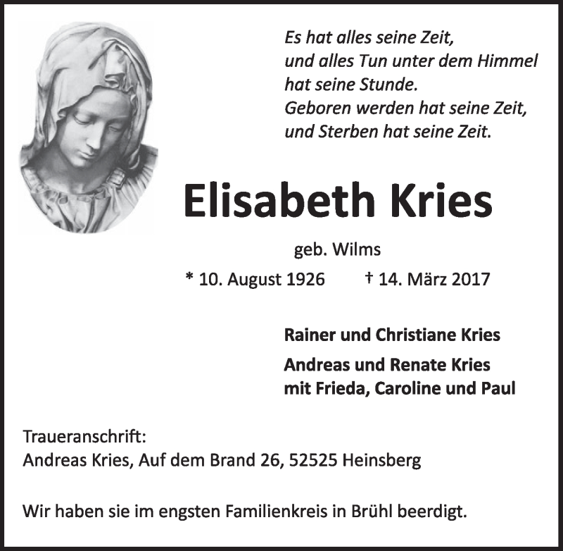  Traueranzeige für Elisabeth Kries vom 22.03.2017 aus  Schlossbote/Werbekurier 