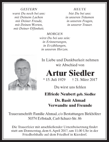 Anzeige von Artur Siedler von  Sonntags-Post 
