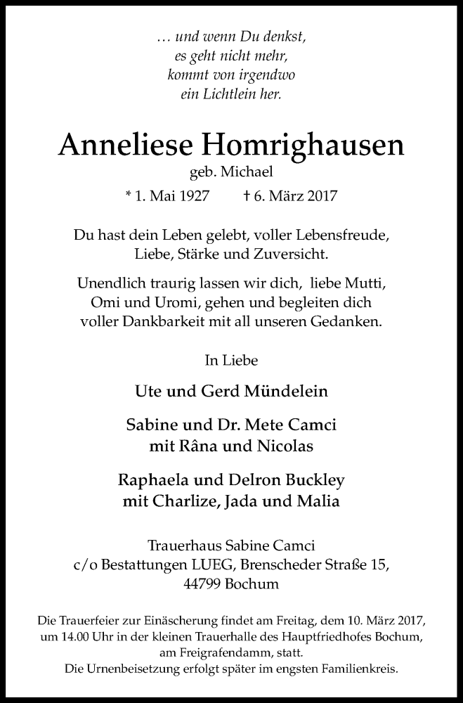  Traueranzeige für Anneliese Homrighausen vom 09.03.2017 aus Kölner Stadt-Anzeiger / Kölnische Rundschau / Express