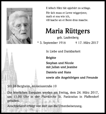 Anzeige von Maria Rüttgers von Kölner Stadt-Anzeiger / Kölnische Rundschau / Express