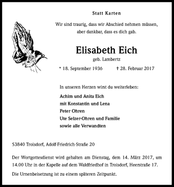 Anzeige von Elisabeth Eich von Kölner Stadt-Anzeiger / Kölnische Rundschau / Express