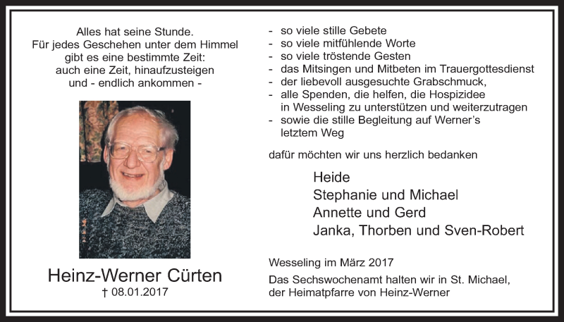  Traueranzeige für Heinz-Werner Cürten vom 08.03.2017 aus  Schlossbote/Werbekurier 