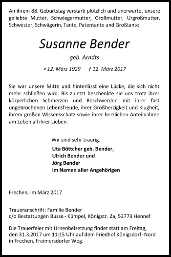 Anzeige von Susanne Bender von Kölner Stadt-Anzeiger / Kölnische Rundschau / Express