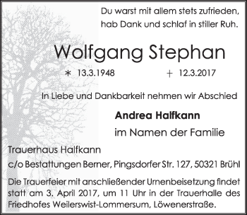 Anzeige von Wolfgang Stephan von  Schlossbote/Werbekurier 