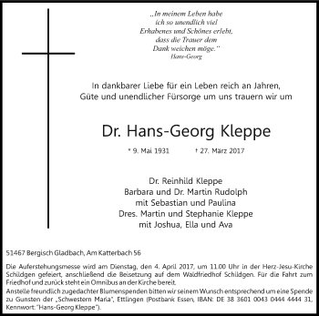 Anzeige von Hans-Georg Kleppe von Kölner Stadt-Anzeiger / Kölnische Rundschau / Express