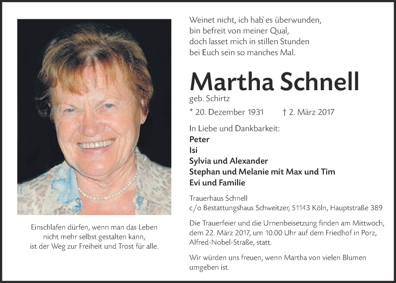  Traueranzeige für Martha Schnell vom 15.03.2017 aus  Kölner Wochenspiegel 