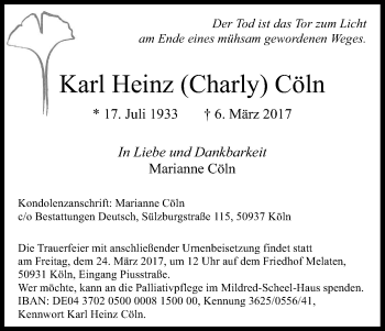 Anzeige von Karl Heinz  Cöln von Kölner Stadt-Anzeiger / Kölnische Rundschau / Express