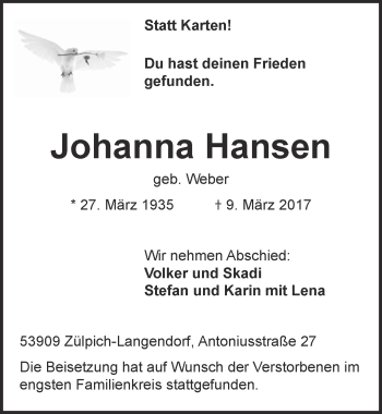 Anzeige von Johanna Hansen von  Blickpunkt Euskirchen 