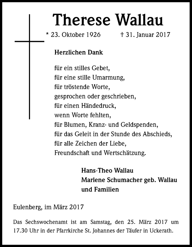  Traueranzeige für Therese Wallau vom 15.03.2017 aus Kölner Stadt-Anzeiger / Kölnische Rundschau / Express
