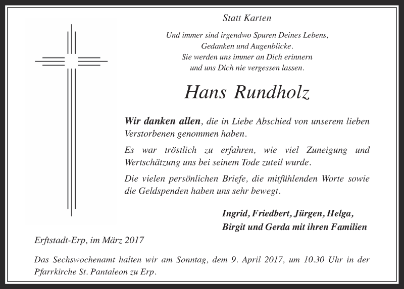  Traueranzeige für Hans Rundholz vom 29.03.2017 aus  Werbepost 