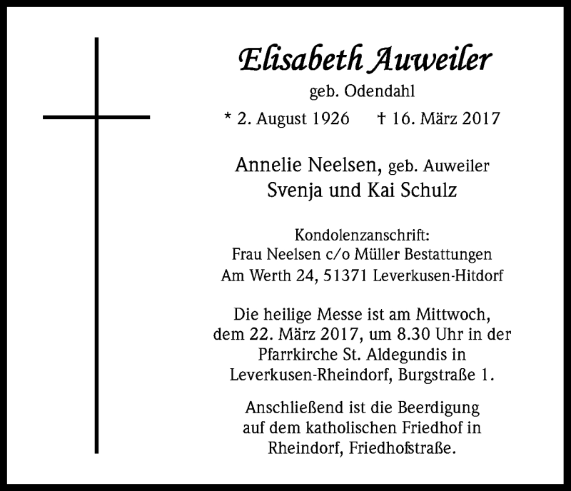  Traueranzeige für Elisabeth Auweiler vom 20.03.2017 aus Kölner Stadt-Anzeiger / Kölnische Rundschau / Express