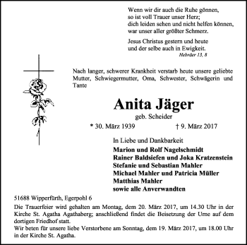 Anzeige von Anita Jäger von Kölner Stadt-Anzeiger / Kölnische Rundschau / Express