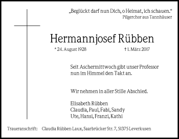 Anzeige von Hermannjosef Rübben von Kölner Stadt-Anzeiger / Kölnische Rundschau / Express