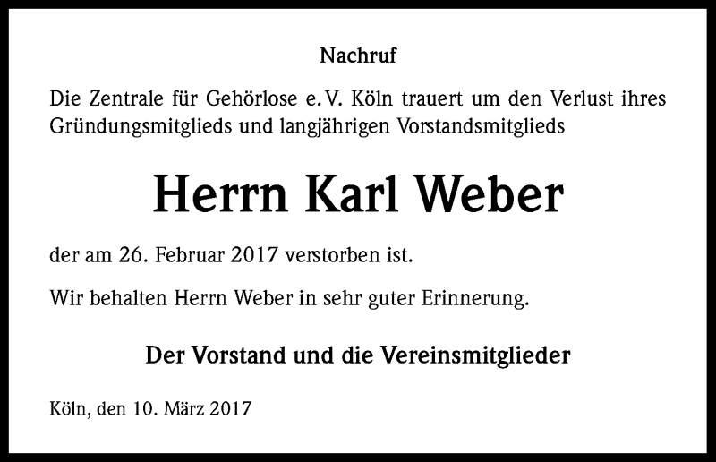  Traueranzeige für Karl Weber vom 10.03.2017 aus Kölner Stadt-Anzeiger / Kölnische Rundschau / Express