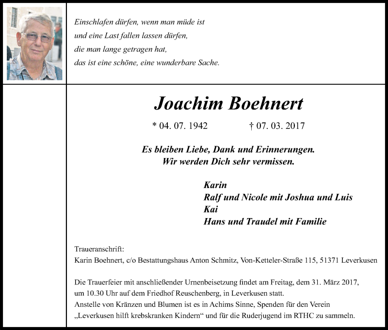  Traueranzeige für Joachim Boehnert vom 22.03.2017 aus Kölner Stadt-Anzeiger / Kölnische Rundschau / Express