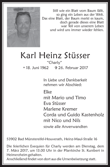Anzeige von Karl Heinz Stüsser von  Blickpunkt Euskirchen 