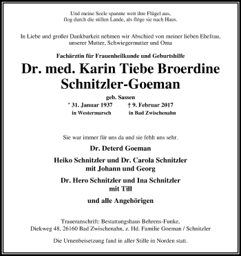 Anzeige von Karin Tiebe Broerdine Schnitzler-Goeman von Kölner Stadt-Anzeiger / Kölnische Rundschau / Express