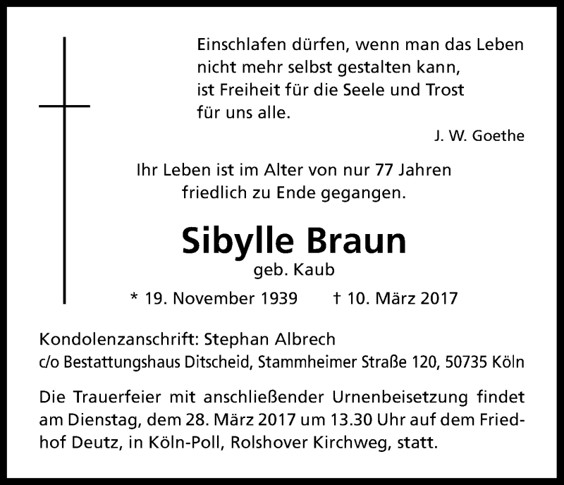  Traueranzeige für Sibylle Braun vom 18.03.2017 aus Kölner Stadt-Anzeiger / Kölnische Rundschau / Express