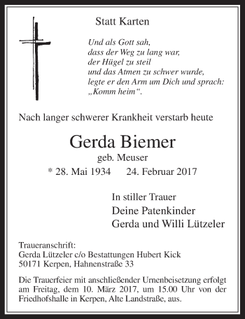 Anzeige von Gerda Biemer von  Werbepost 