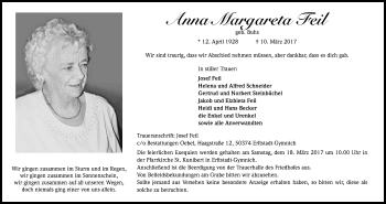 Anzeige von Anna Margareta Feil von Kölner Stadt-Anzeiger / Kölnische Rundschau / Express