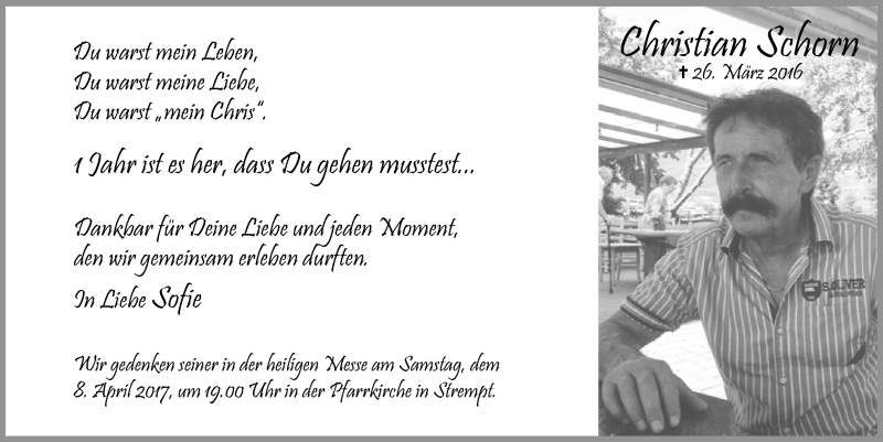  Traueranzeige für Christian Schorn vom 01.04.2017 aus  Blickpunkt Euskirchen 