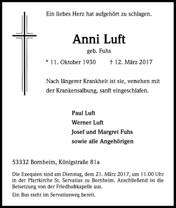 Anzeige von Anni Luft von Kölner Stadt-Anzeiger / Kölnische Rundschau / Express