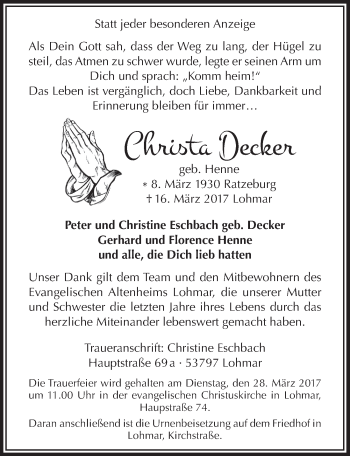 Anzeige von Christa Decker von  Extra Blatt 