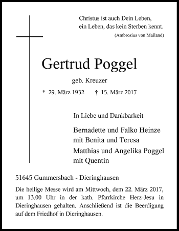 Anzeige von Gertrud Poggel von Kölner Stadt-Anzeiger / Kölnische Rundschau / Express