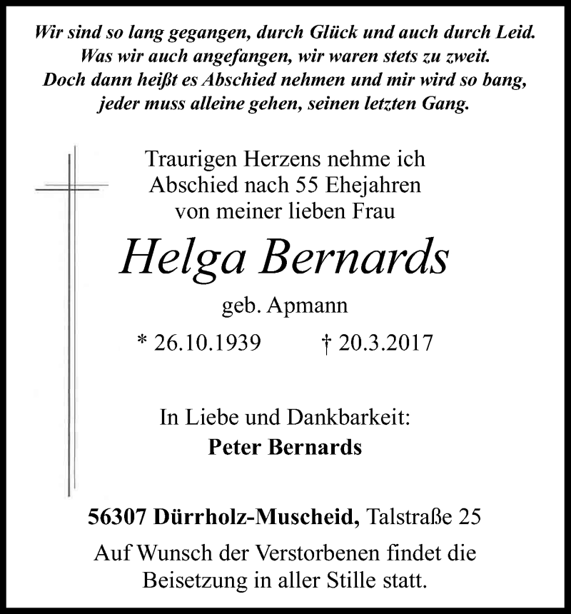 Traueranzeige für Helga Bernards vom 25.03.2017 aus Kölner Stadt-Anzeiger / Kölnische Rundschau / Express
