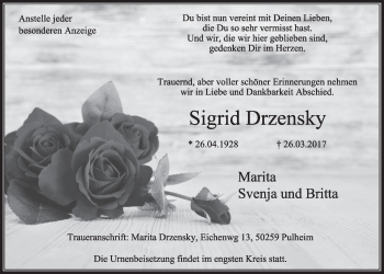 Anzeige von Sigrid Drzensky von  Sonntags-Post 