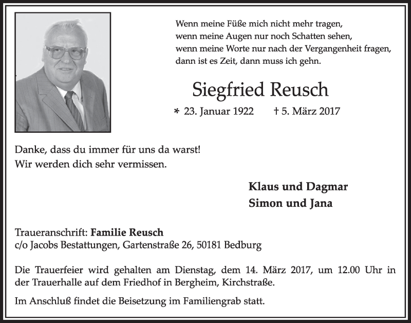  Traueranzeige für Siegfried Reusch vom 11.03.2017 aus  Sonntags-Post 