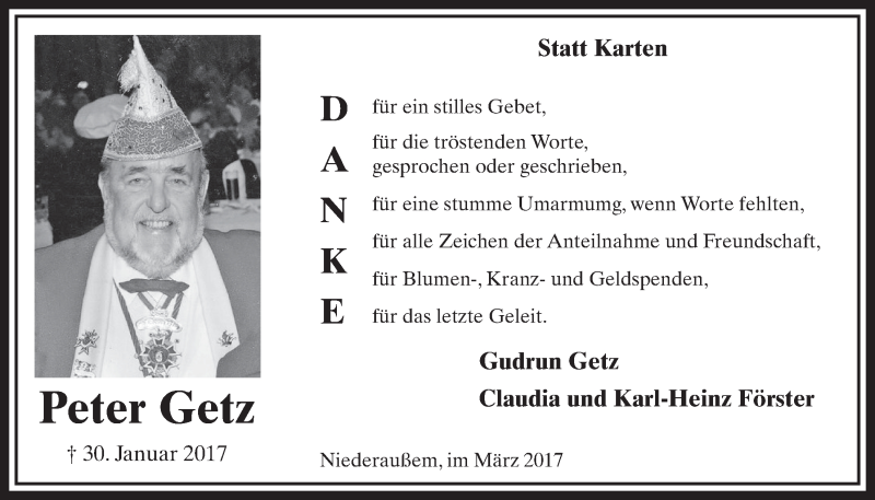  Traueranzeige für Peter Getz vom 11.03.2017 aus  Sonntags-Post 