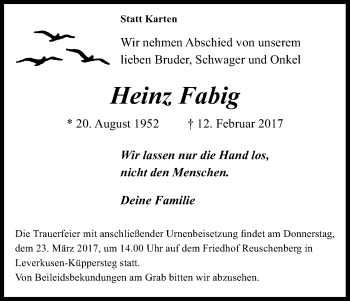 Anzeige von Heinz Fabig von Kölner Stadt-Anzeiger / Kölnische Rundschau / Express