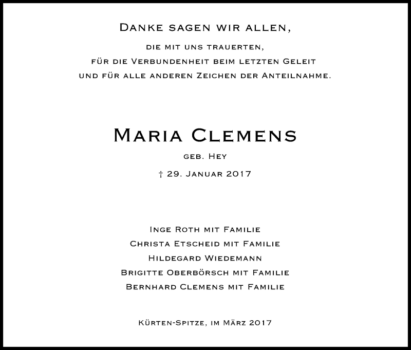  Traueranzeige für Maria Clemens vom 11.03.2017 aus Kölner Stadt-Anzeiger / Kölnische Rundschau / Express