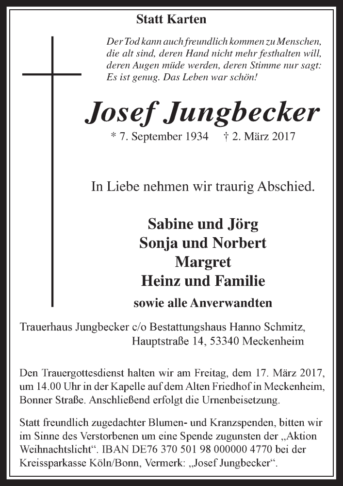  Traueranzeige für Josef Jungbecker vom 15.03.2017 aus  Schaufenster/Blickpunkt 