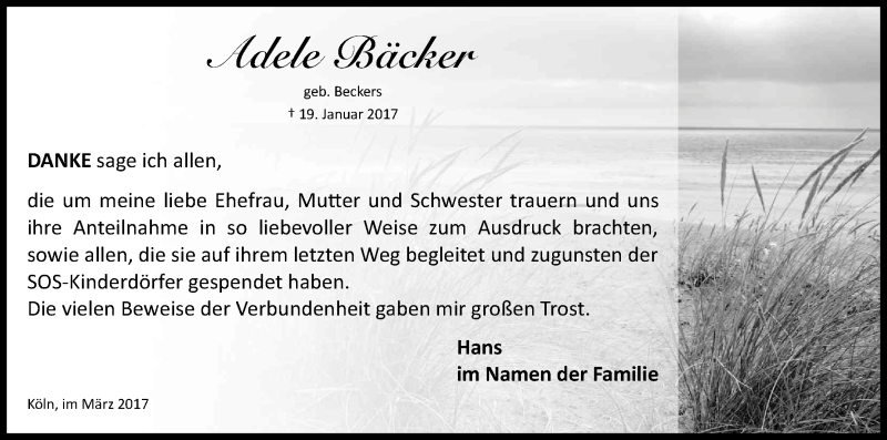  Traueranzeige für Adele Bäcker vom 18.03.2017 aus Kölner Stadt-Anzeiger / Kölnische Rundschau / Express