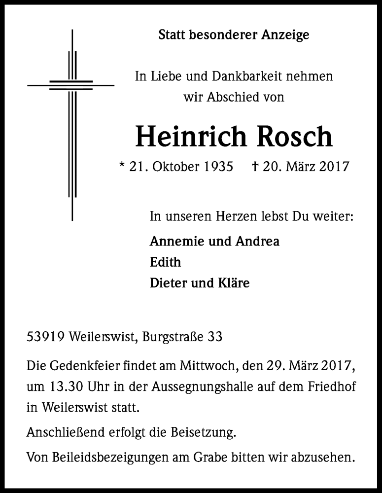  Traueranzeige für Heinrich Rosch vom 25.03.2017 aus Kölner Stadt-Anzeiger / Kölnische Rundschau / Express