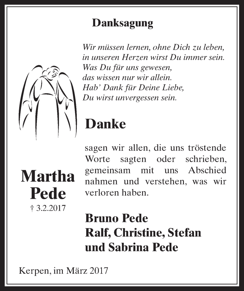  Traueranzeige für Martha Pede vom 15.03.2017 aus  Werbepost 