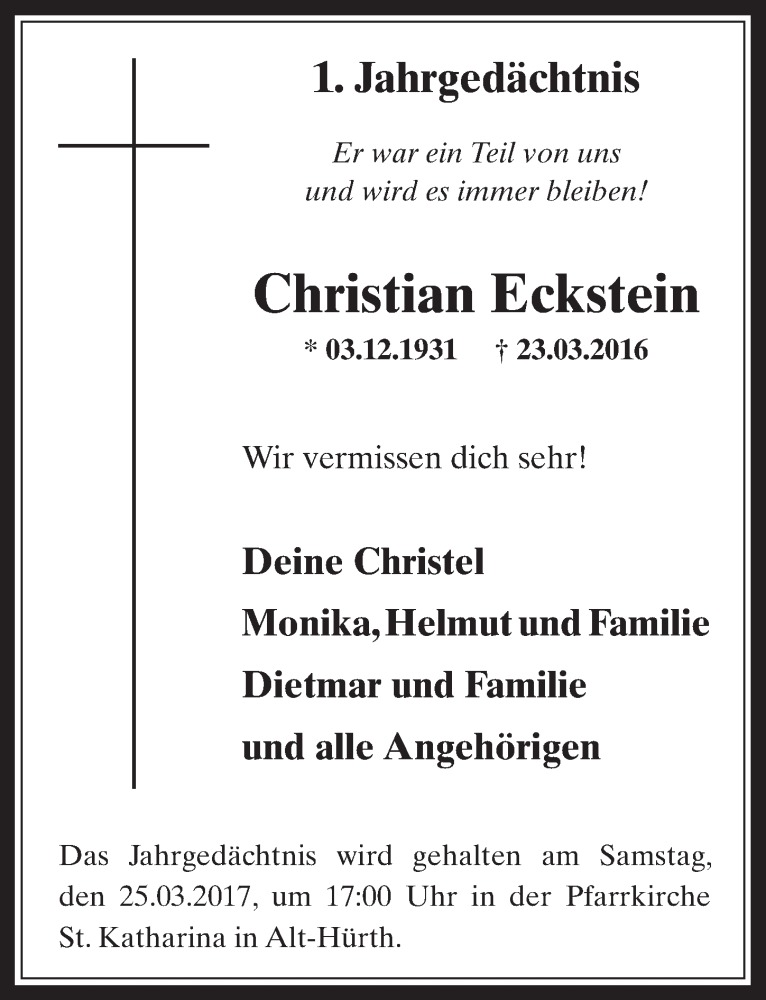  Traueranzeige für Christian Eckstein vom 22.03.2017 aus  Wochenende 