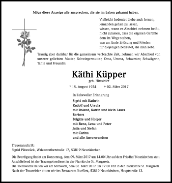 Anzeige von Käthi Küpper von Kölner Stadt-Anzeiger / Kölnische Rundschau / Express