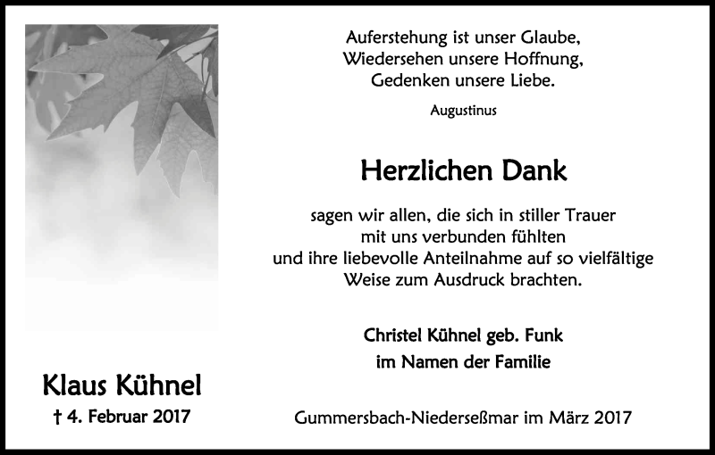  Traueranzeige für Klaus Kühnel vom 18.03.2017 aus Kölner Stadt-Anzeiger / Kölnische Rundschau / Express