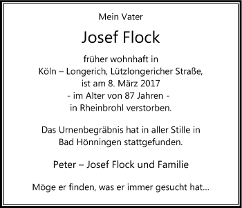 Anzeige von Josef Flock von Kölner Stadt-Anzeiger / Kölnische Rundschau / Express